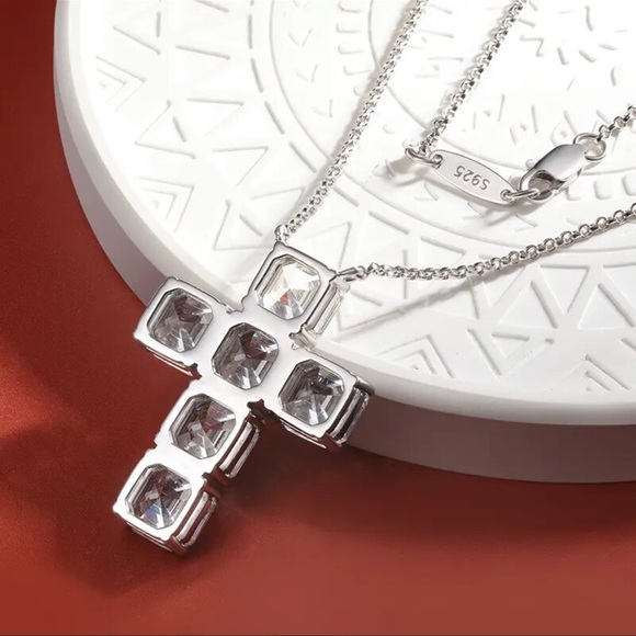 Simulated Diamond Cross 925 Silver Necklace - Picture 5 of 10